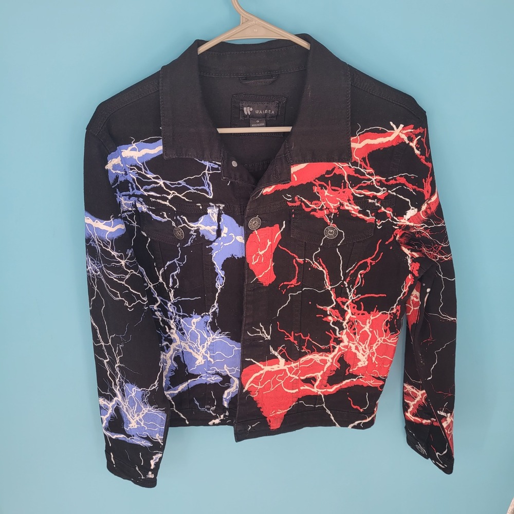 Waimea Denim Jacket Mens Small Lightning Bolt Streetwear Black Red Blue Graphic